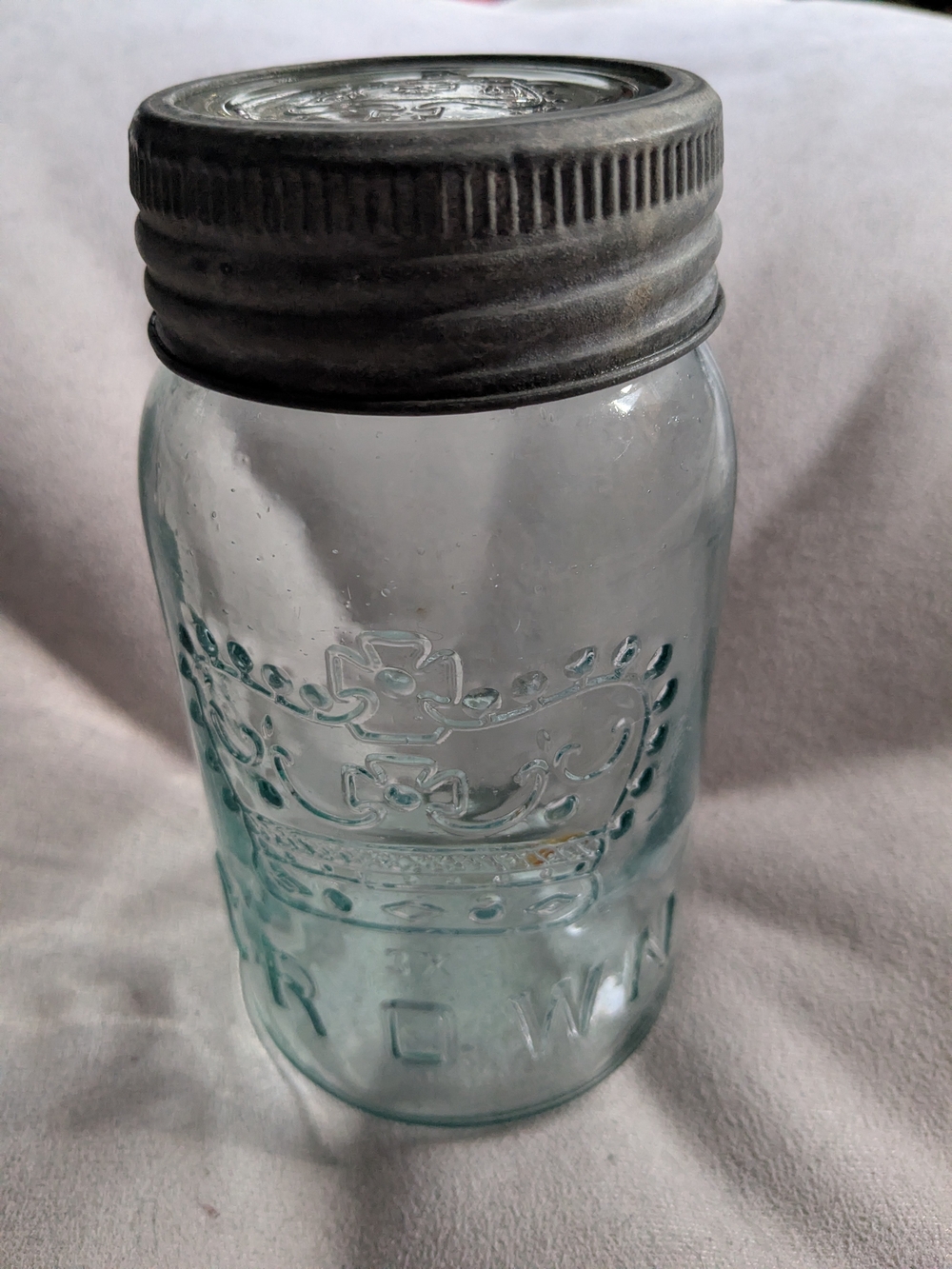Vintage Crown Quart Jar, Aqua Coloured, Circa 1930s